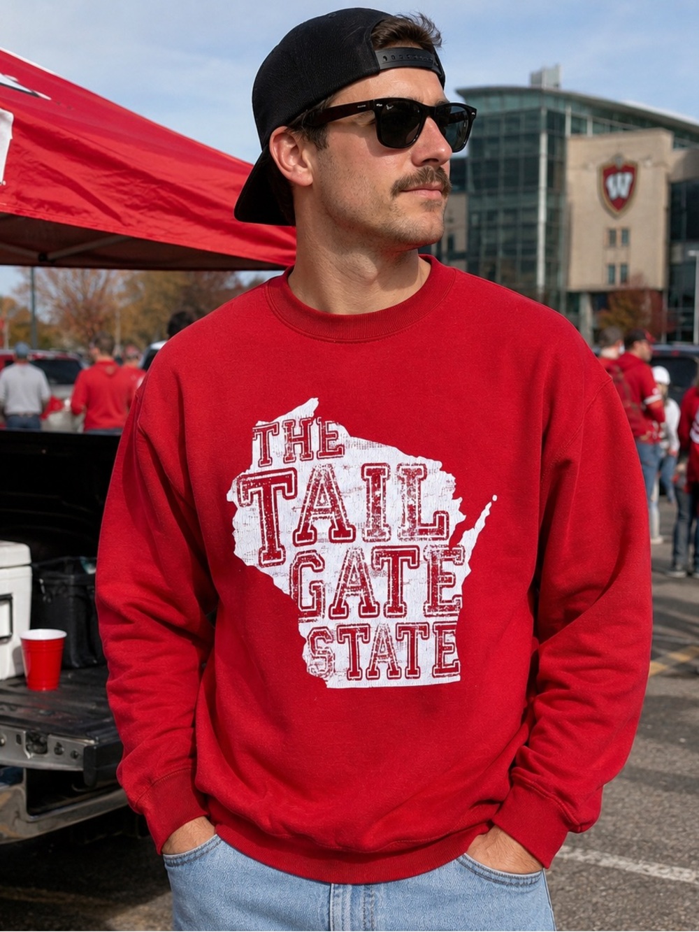 JanSport Wisconsin The Tail Gate State Sweatshirt XL Red Distressed Graphic VTG